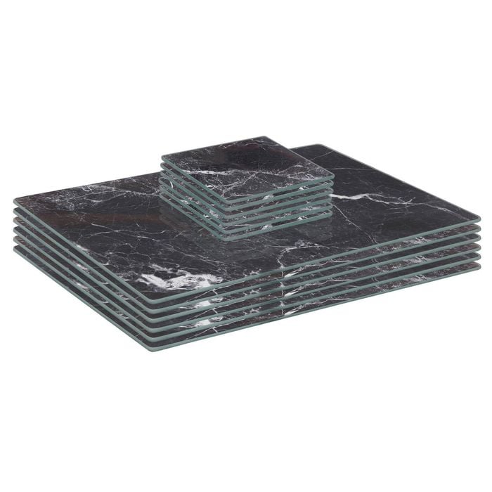 12pc Glass Placemats & Square Coasters Set - 30 x 20cm - Black Marble Effect - Dining Table Protection Place Mats Coasters