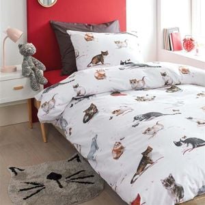 Bedding House Single White Cute Cats Multi Cotton Quilt Cover Set - Single Bed