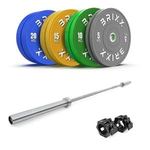 Brixx 100kg Pro Colour Olympic Bumper Plates + 20kg Barbell