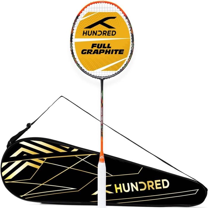 HUNDRED Powertek 1000 PRO Strung Badminton Racket – Black/Orange, G6 Grip, Full Cover
