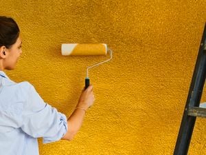 Using a paint roller to paint an external wall yellow