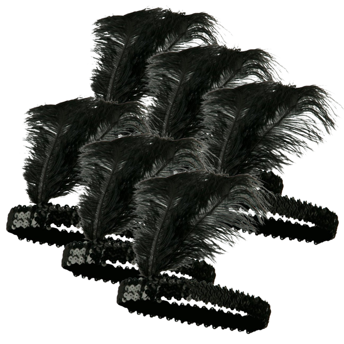 6x 1920s FLAPPER HEADBAND Headpiece Feather Sequin Charleston Costume Party BULK Black
