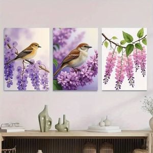 3pcs Beautiful Bird and Flower Purple Floral Print 100% Australian Made 3 x 40x60cm (Metal Print)