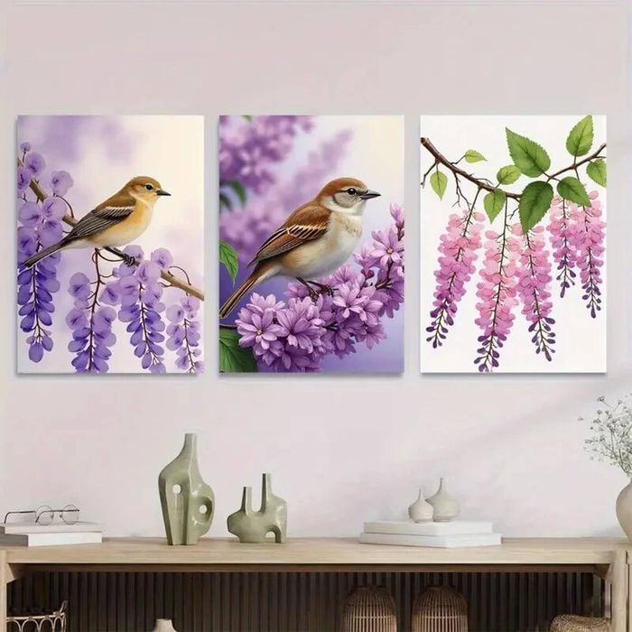 3pcs Beautiful Bird and Flower Purple Floral Print 100% Australian Made 3 x 40x60cm (Metal Print)