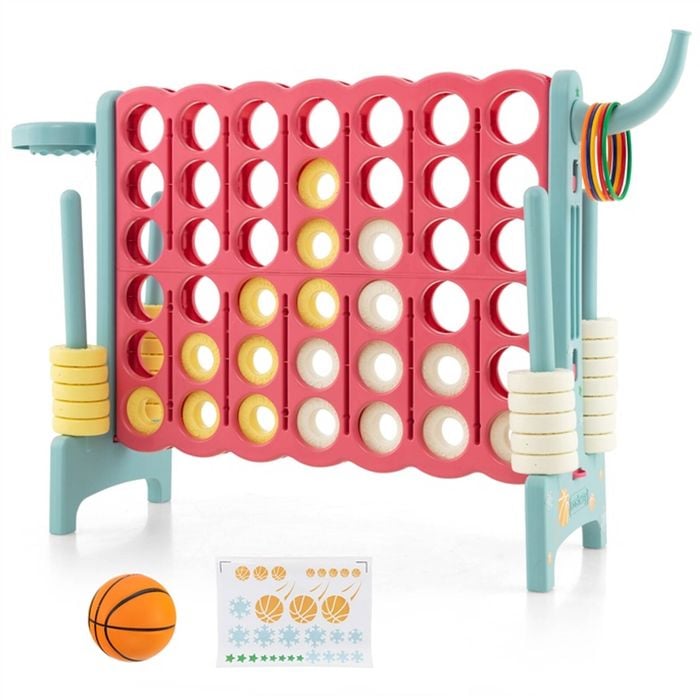 Costway Giant 4 In A Row Connect Four Board Game Set W/basketball Hoop & Toss Ring Pink