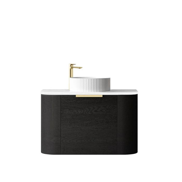 Attica 750mm Black Oak Bentwood Wall Hung Curve Vanity With Matte White Top
