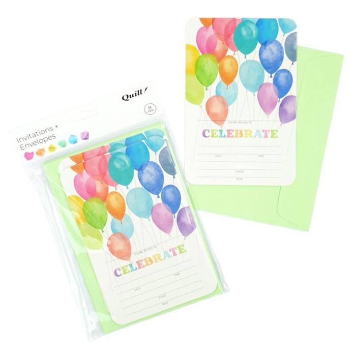 Quill Party Invitation Card & Envelope 8pk (Balloons)