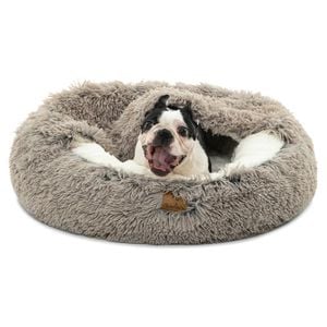 Charlie's Snookie Faux Chinchilla Hooded Donut Calming Dog Bed Grey - Small
