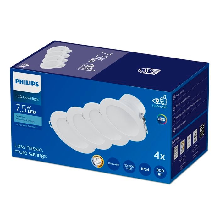 Philips 7.5W 800lm 90mm CCT LED Value Downlight - 4 Pack