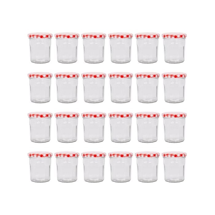 Argon Tableware 250ml Glass Jam Jars With Airtight Red Gingham Lids - Set Of 24 Empty Screw Top Kitchen Storage Preserving Jar