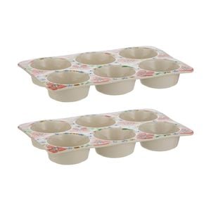 2x Ladelle Camille 6 Cup Muffin Tray Mould Bakeware Hand-painted Florals