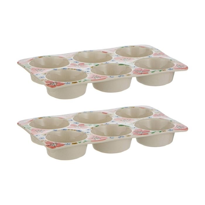 2x Ladelle Camille 6 Cup Muffin Tray Mould Bakeware Hand-painted Florals