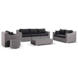 Milano 3+2+1 Seater Outdoor Wicker Lounge Setting Brushed Grey With Coffee Table & Denim Cushions