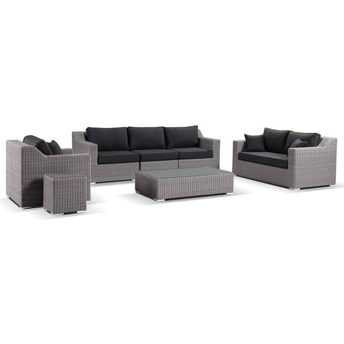 Milano 3+2+1 Seater Outdoor Wicker Lounge Setting Brushed Grey With Coffee Table & Denim Cushions