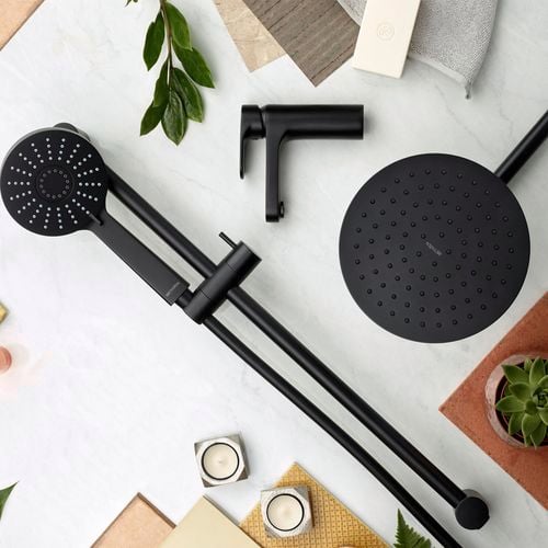 Black Krome shower paired with Glide matte black tapware