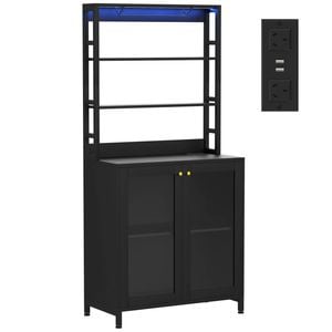 Ufurniture 170cm Tall Wine Bar Cabinet with Power Outlets  LED Lights Glass Adjustable Shelf Black