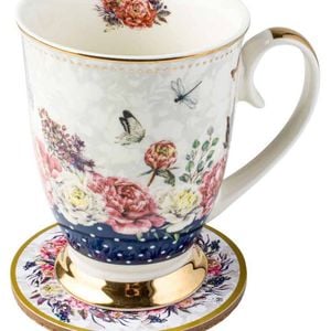 Roses & Butterflies Navy Floral Decorative Mug & Coaster Set 360ml