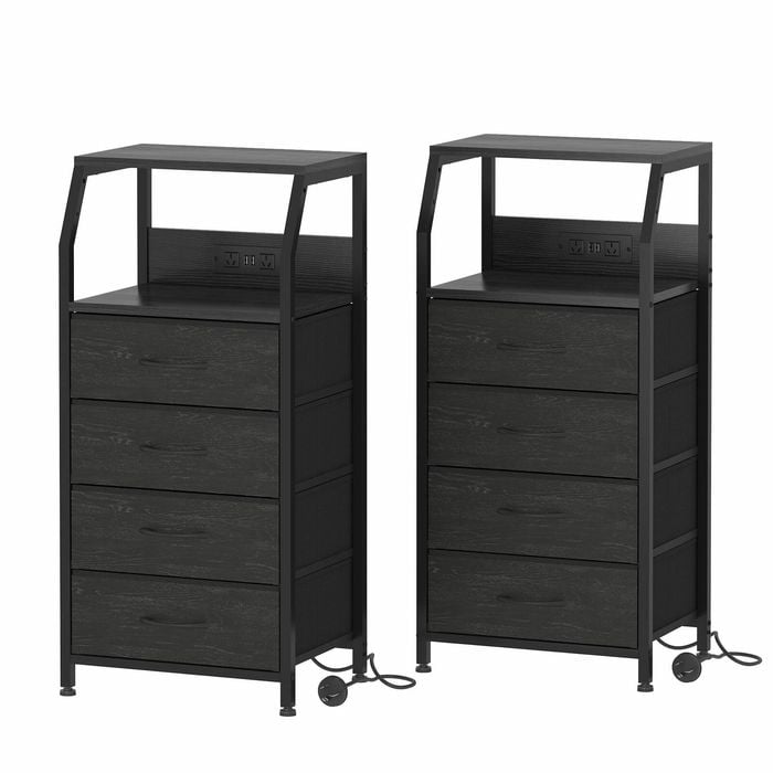 Ufurniture Set Of 2 Nightstand 4 Fabric Drawers Bedside Table With Charging Station For Bedroom Living Room Black