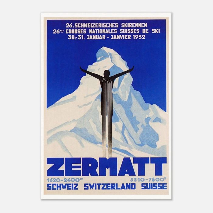 Galrie Vintage 1932 Zermatt Switzerland Ski Poster - Aerial Art for Ski Lovers, Poster Only, A2 42 x 60cm (16 x 24inch)