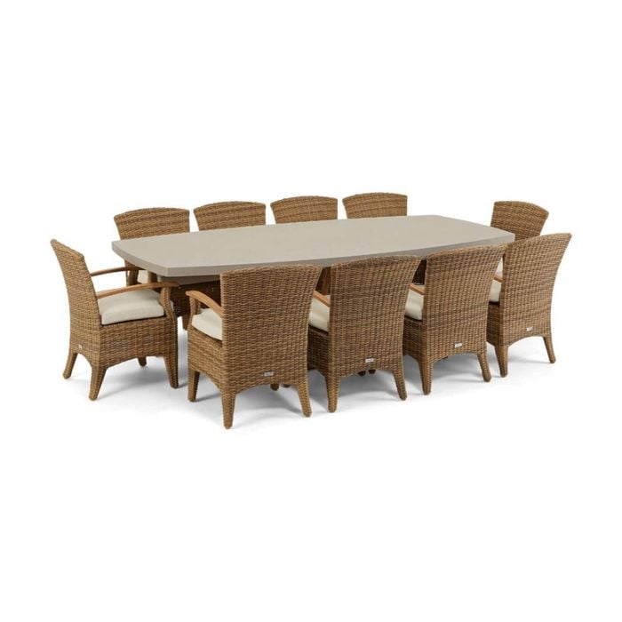 Waverley 2.6m Outdoor Concrete Look Dining Set Brushed Wheat With 10 Kai Wicker Chairs & Cream Cushions