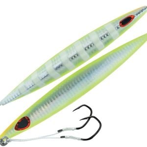 40gm Storm Gomoku Kensaki Jig Pre-Rigged With Twin VMC Assist Hooks - UV Chartreuse Glow Zebra