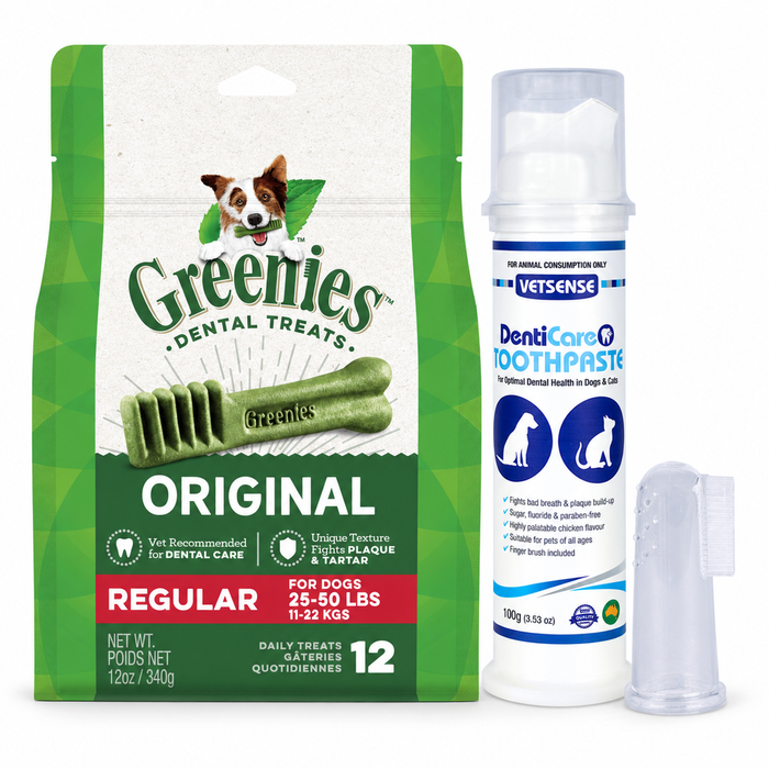 GREENIES Original Regular 340g + Vetsense DentiCare Toothpaste 100g | Dog Dental Care Pack