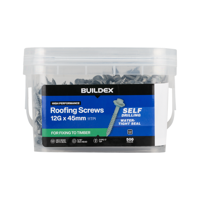 Buildex 12G x 45mm Class 3 Cladding Screws with Seal - 500 Pack