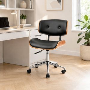 HOMFURN Mid-Century PU Leather Office Chair, Wood Frame & Chrome Base, Swivel Height Adjustable with Castors