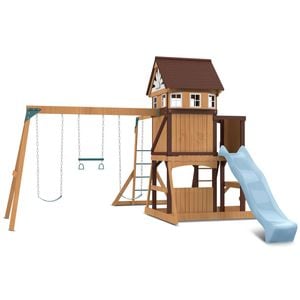Lifespan Kids Meer Brook Swing Set, Monkey Bars & Play Centre with 2.2m Pastel Blue Slide