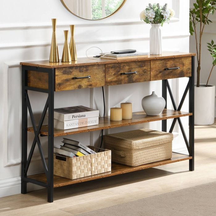 HOMFURN Console Table with 3 Drawers and USB Charge Station, Rustic Brown