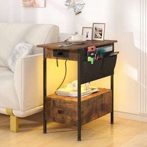 Advwin LED Side Table Sofa End Table w/ Charging Station, Drawer &  Storage Pocket Narrow Bedside Table Walnut