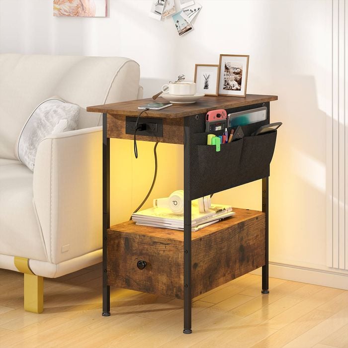 Advwin LED Side Table Sofa End Table w/ Charging Station, Drawer &  Storage Pocket Narrow Bedside Table Walnut