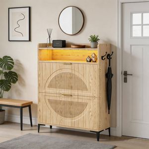 Advwin LED Shoe Storage Cabinet w/ Flip Drawers and Open Shelf Shoe Organizer Narrow Shoe Rack Cabinet with Hook Oak
