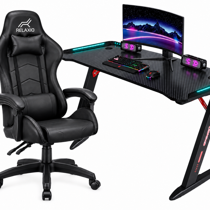 Relaxio Gaming Desk with RGB Lights & Relaxio Gaming Chair - Black Combo set
