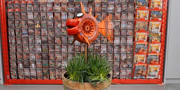 Wooden barrel with pole sticking out of it and tyre attached. Tyre decorated to look like a goldfish.