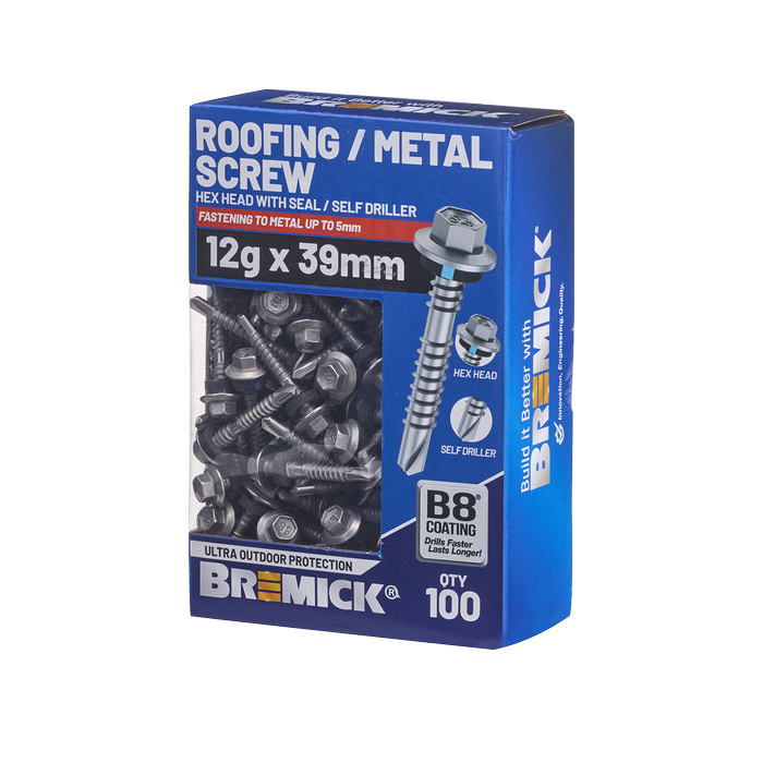 Bremick Hex Roofing Screw 12g x 39mm B8 PK100