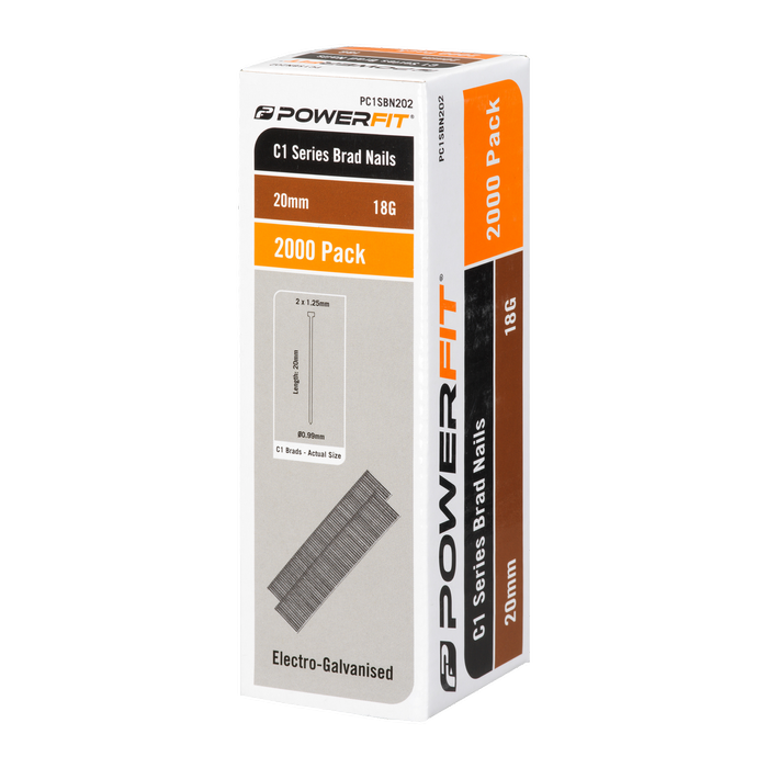PowerFit 20mm C1 Series Electro-Galvanised Brad Nails - 2000 Pack