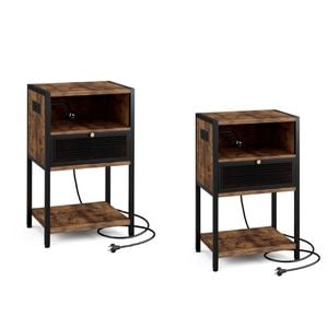 Ufurniture 2xside Table With Power Outlets & Usb Ports Metal Mesh Drawer And Open Shelves Industrial Brown