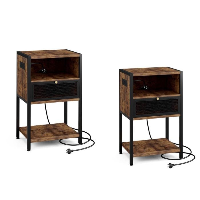 Ufurniture 2xside Table With Power Outlets & Usb Ports Metal Mesh Drawer And Open Shelves Industrial Brown
