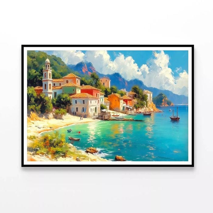 Town with Beach, Houses, Trees   Print 100% Australian Made 120x90cm  (Poster)