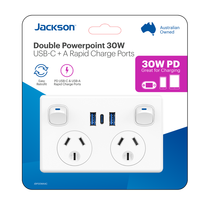 Jackson USB-A x 2, USB-C x 1 PD30W White Double Powerpoint