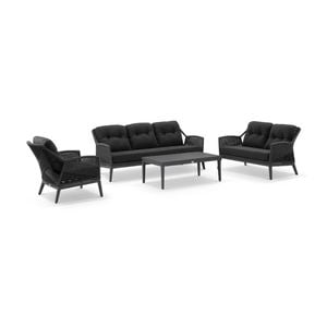 Hugo 3+2+1 Seater Outdoor Aluminium/rope Lounge Set Charcoal With Coffee Table & Grey Rope/denim Cushions