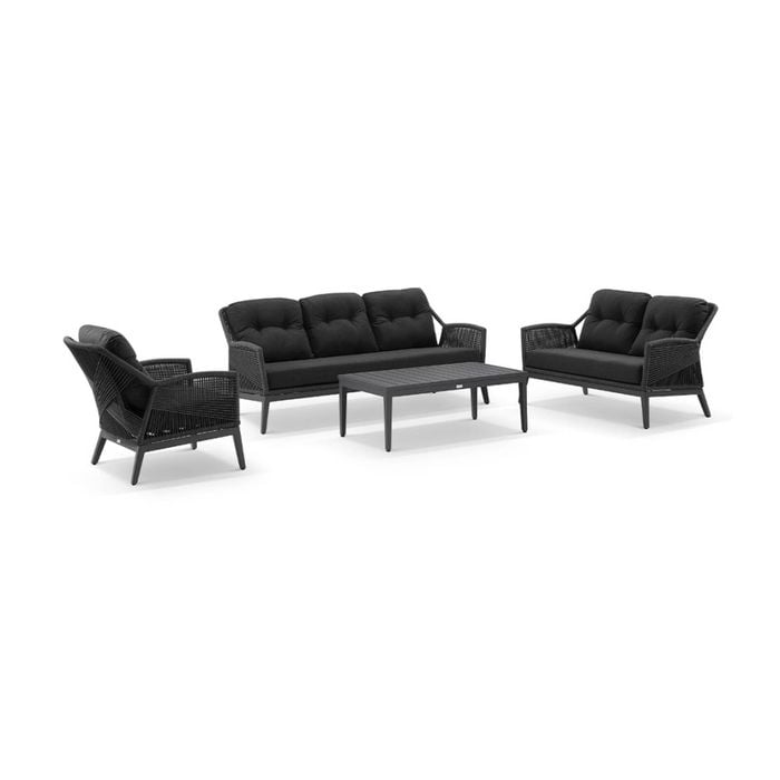 Hugo 3+2+1 Seater Outdoor Aluminium/rope Lounge Set Charcoal With Coffee Table & Grey Rope/denim Cushions