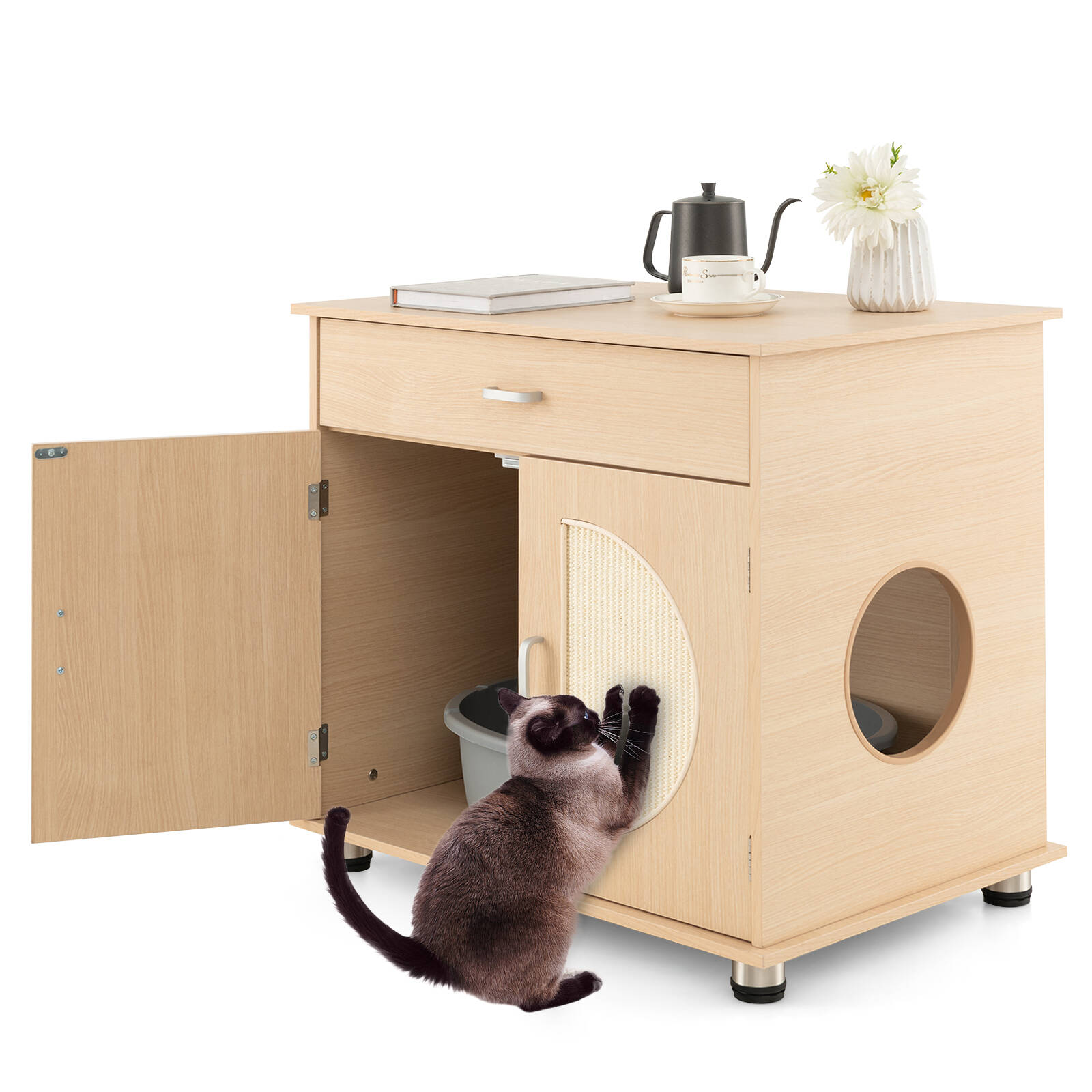 Costway Cat Litter Box Enclosure Hidden Cat Washroom Wood Side End