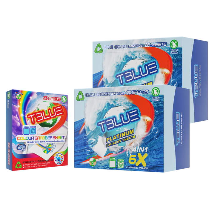 TBLUE Twin Pack Laundry Sheets + Color Grabber Bundle - Blue Caring 100 Loads