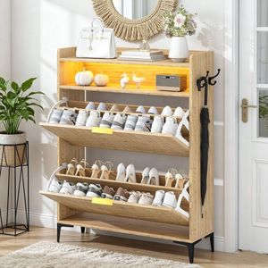 Ufurniture Modern Wooden Shoe Cabinet with 2 Flip Drawers & Adjustable Shelves, Freestanding Shoe Organizer