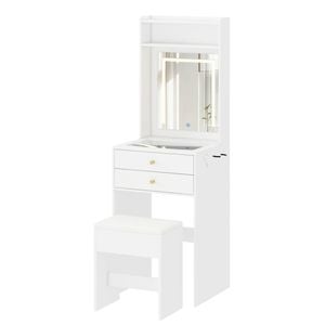 Ufurniture Compact Dressing Table with Glass Desktop Mirror and Light 2 Drawers and Storage Stool White