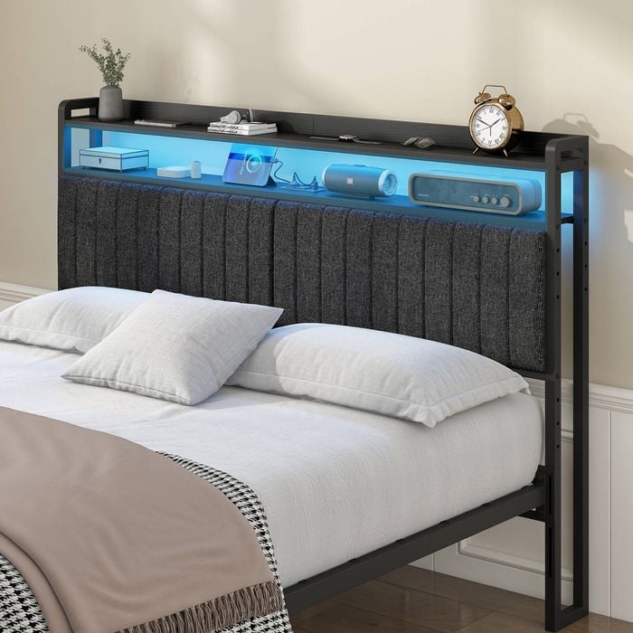 Advwin Double Size Storage Headboard Upholstered with LED Light Charging Station Height Adjustable