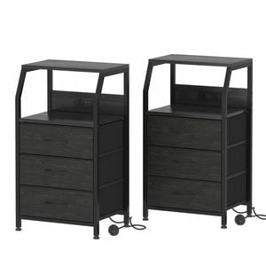 Ufurniture Set Of 2 Nightstand 3 Fabric Drawers Bedside Table With Charging Station For Bedroom Living Room Black