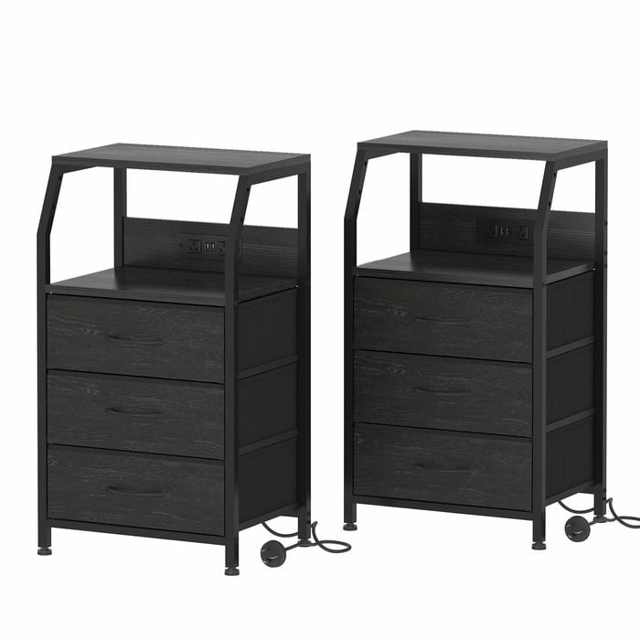 Ufurniture Set Of 2 Nightstand 3 Fabric Drawers Bedside Table With Charging Station For Bedroom Living Room Black